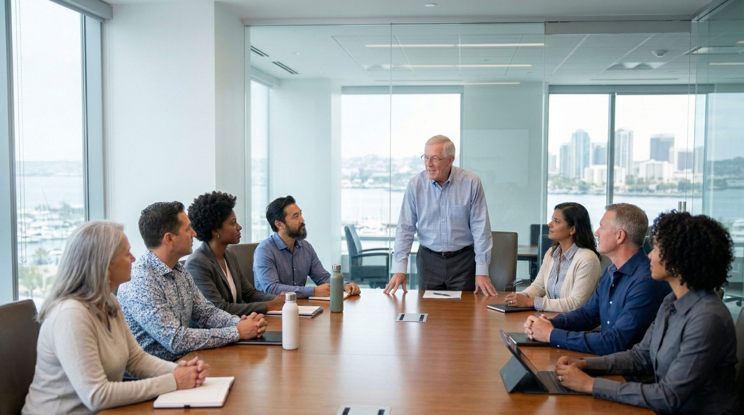 A diverse CEO peer group engaged in a business meeting and leadership coaching session in a modern San Diego boardroom overlooking the bay and city skyline, facilitated by Master Practitioner Joe Phillips.