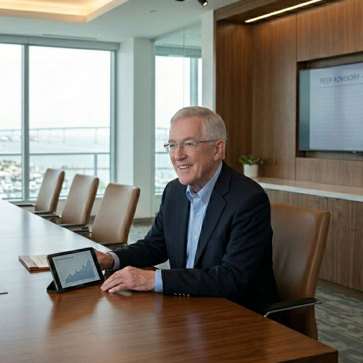 Joe Phillips, Master Practitioner and Executive EQ Coach, facilitates a confidential CEO Peer Advisory Group in a modern San Diego boardroom overlooking the marina.